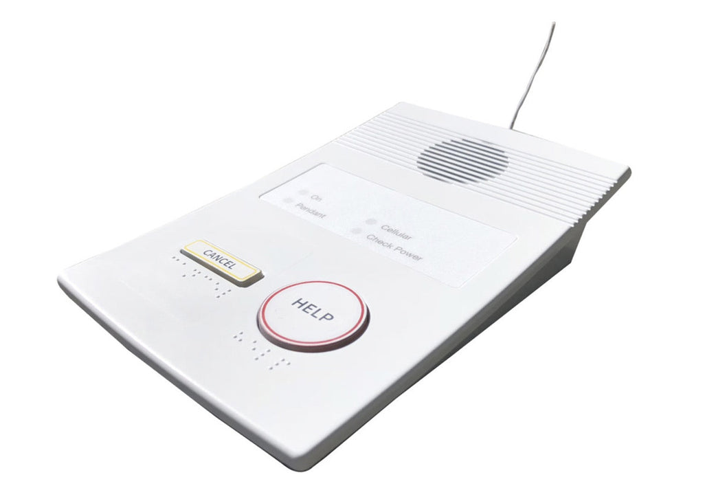 A white medical alert device with a large red HELP button, smaller yellow CANCEL button, embossed text, speaker grille, and a cord.