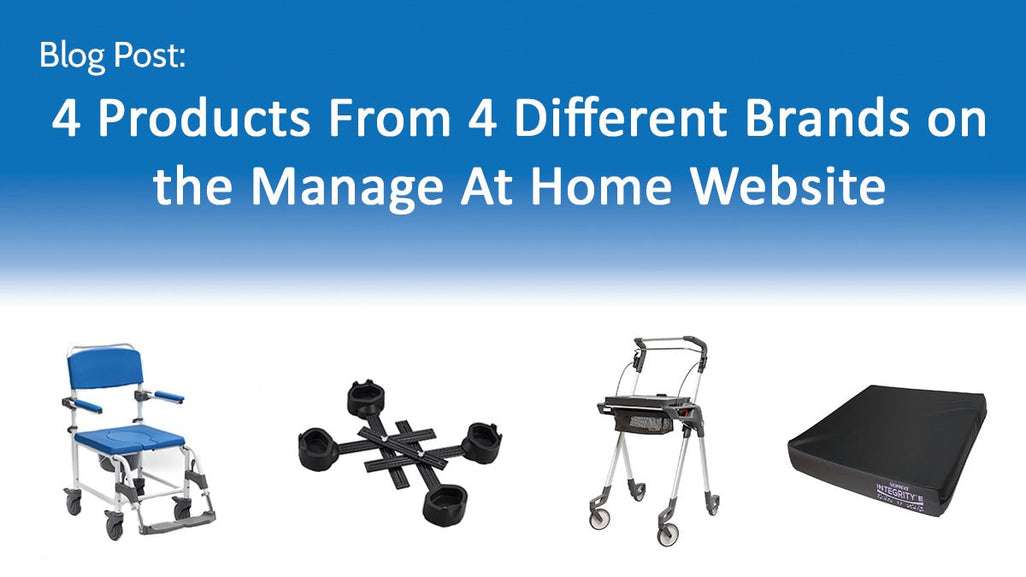 A blue shower chair, a mobility aid, a walker, and a black cushion on a gradient blue background.