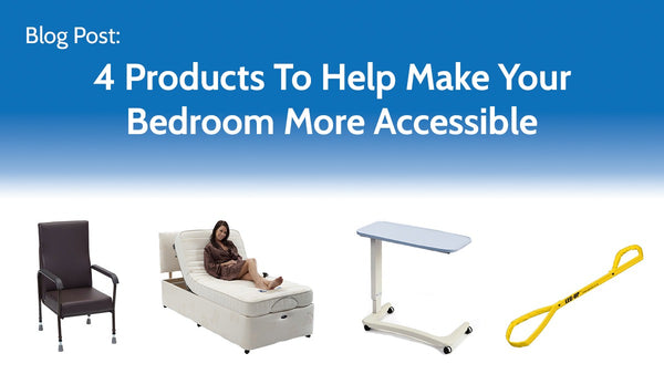 An image shows a dark brown armchair, an adjustable bed with a seated woman, a white overbed table, and a yellow bed rope ladder.