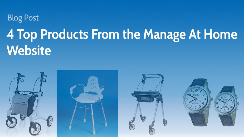 Four product images: a rollator walker, shower chair, narrow walker, and two accessible watches with a blue-tinted title above.