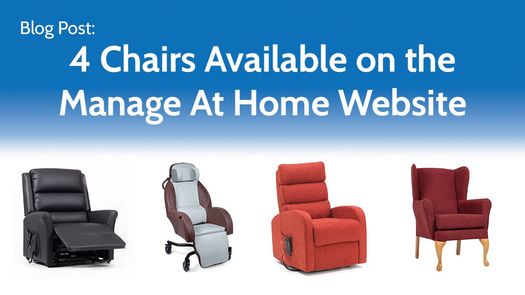 Image of four chairs: black recliner, medical mobility chair, red cushioned recliner, and red wingback armchair.