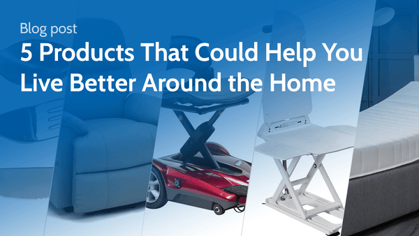 A collage of a recliner, mobility scooter, adjustable furniture, and two other home items on a blue background.