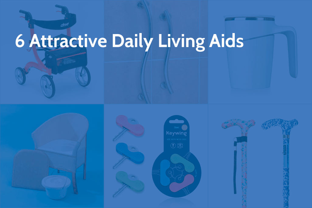 A variety of daily living aids, including a walker, grab bars, handled mug, storage chair, key turners, and walking sticks.