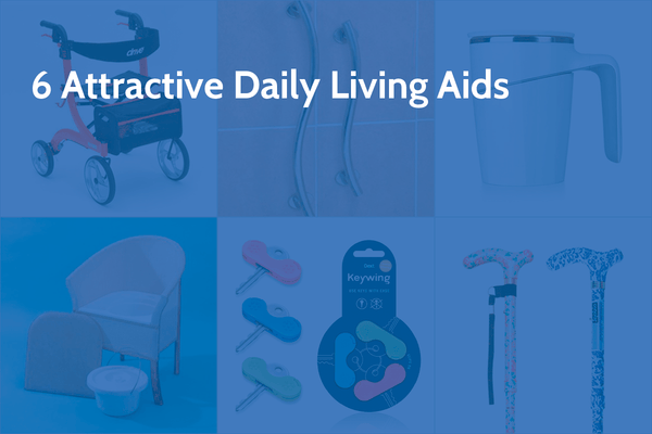A variety of daily living aids, including a walker, grab bars, handled mug, storage chair, key turners, and walking sticks. Image