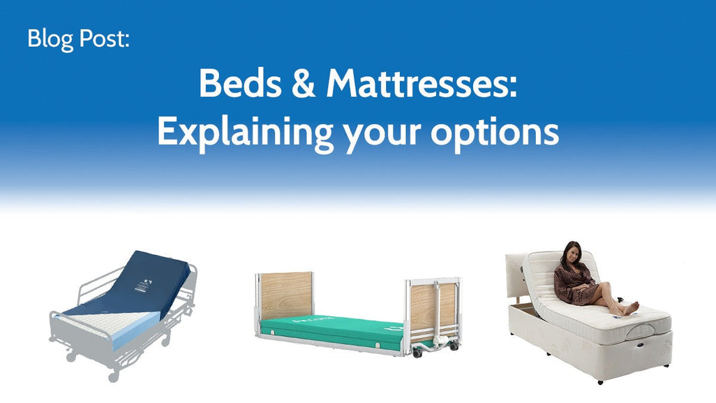 Beds & Mattresses: Explaining your options on blue. Images: hospital bed, green folded bed, wooden bed, woman on mattress.