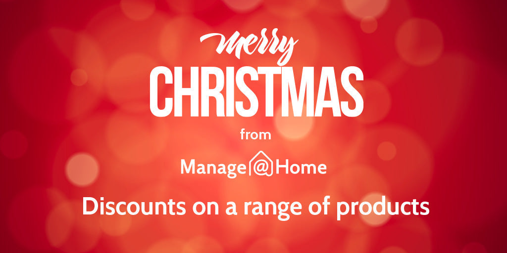 Red background with bokeh effect. White text reads, Merry Christmas from Manage@Home. Discounts on a range of products.