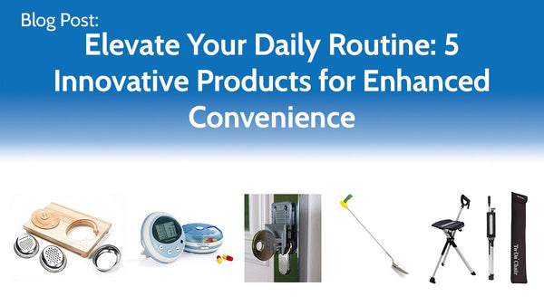 A blog post showcases a coffee maker, digital timer, door lock, grabber tool, and portable chair for daily convenience.