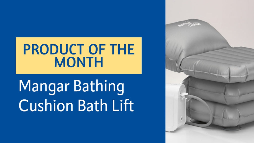 Gray inflatable bath lift with cushions and a control unit on the right; left side has blue and yellow Product of the Month text.