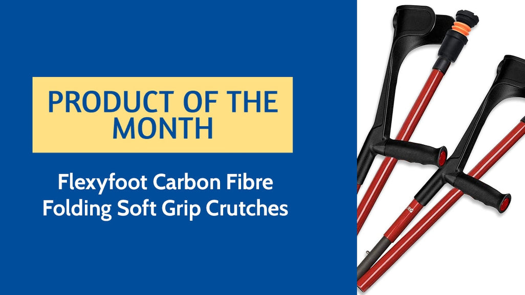 Product of the Month: Flexyfoot Carbon Fibre Folding Soft Grip Crutches. Black and red crutches with soft grips are shown.