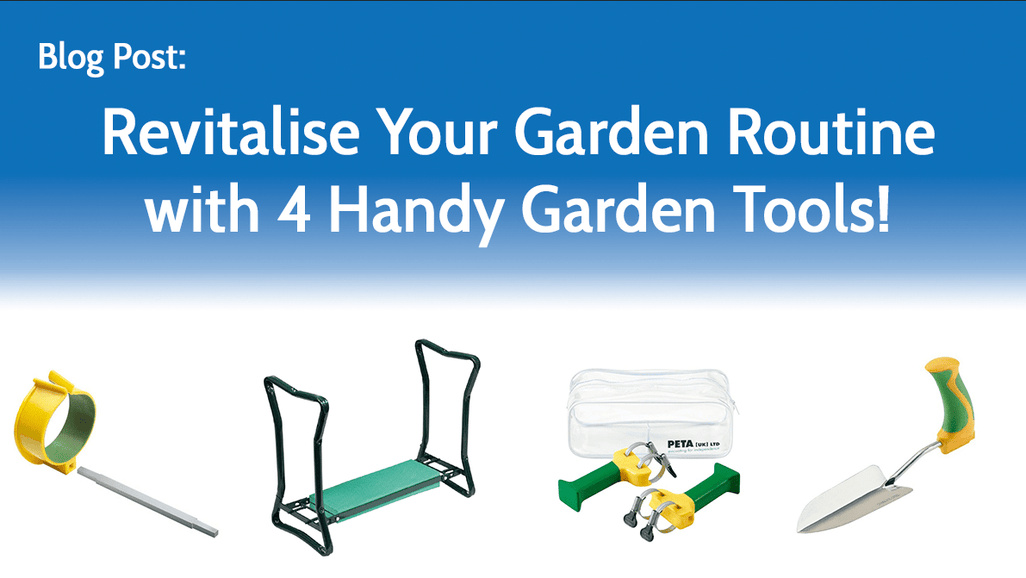 Revitalise Your Garden Routine with 4 Handy Garden Tools! Images of a soil tester, garden kneeler, pruner set, and trowel on blue gradient.