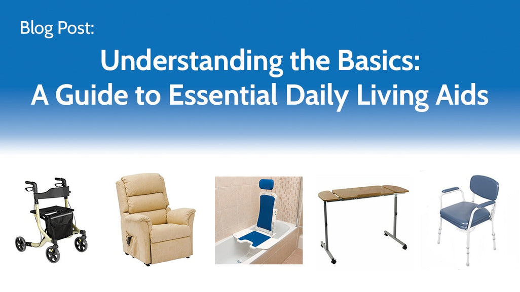 A promotional graphic shows a walker, recliner, bath lift, overbed table, and shower chair on a blue gradient background.