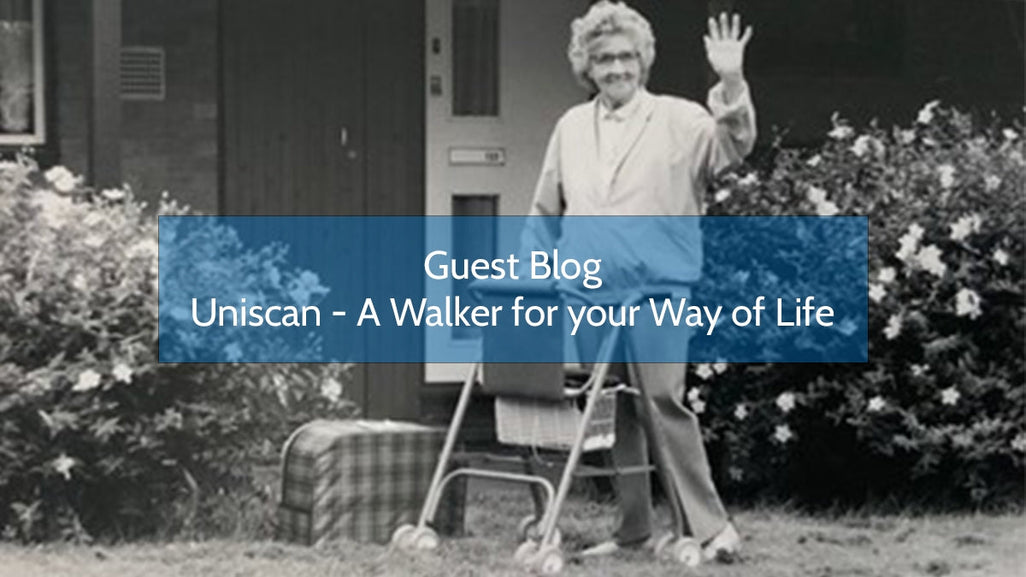 An elderly person waves while standing with a walker in a garden, with a large bag beside it. Text reads, Guest Blog - Uniscan.