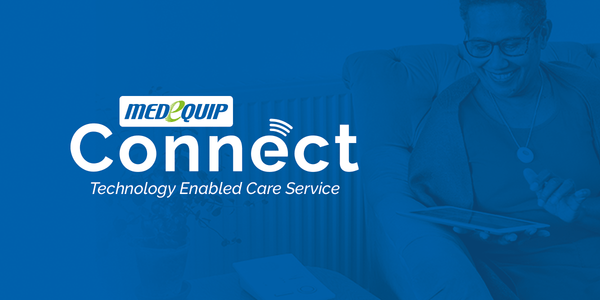 A person smiling while using a tablet on a couch. Text: MEDIQUIP Connect: Technology Enabled Care Service.