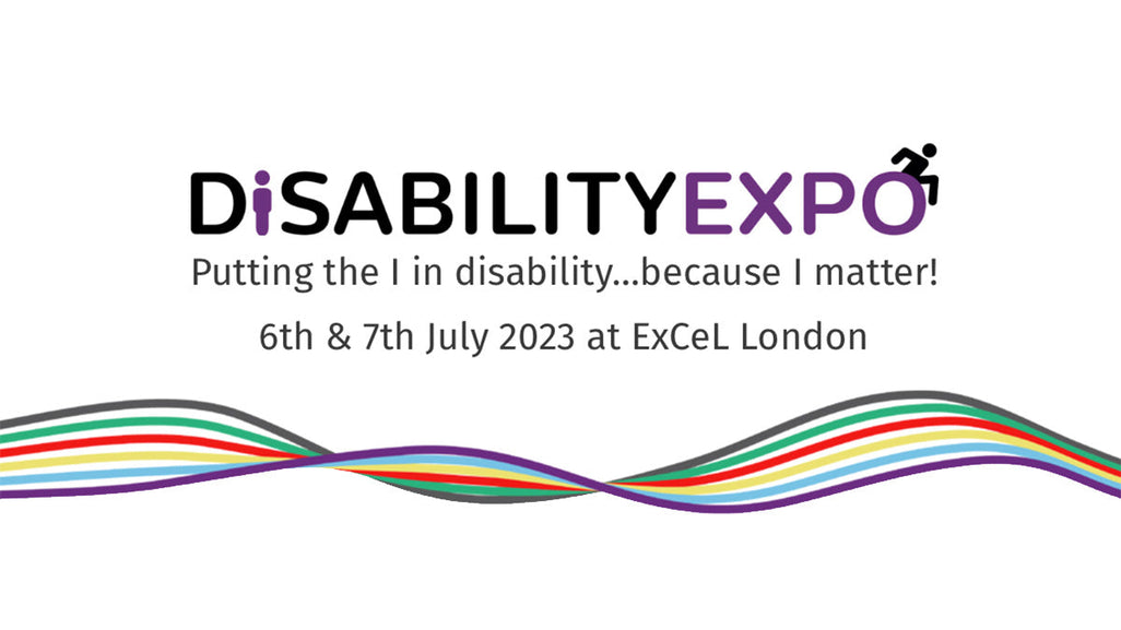 The image promotes Disability Expo, happening on July 6th & 7th, 2023 at ExCeL London, with colorful wave designs.