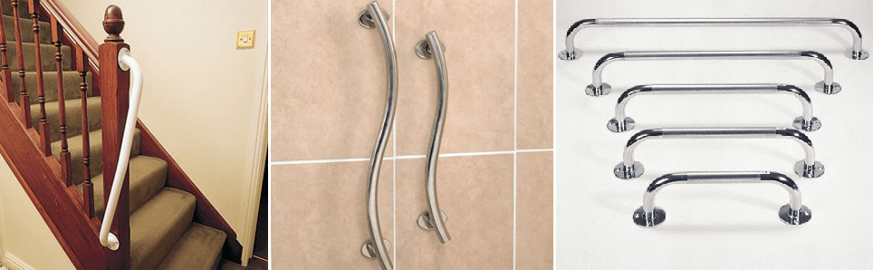 A collage of grab bars: a white rail on stairs, two curved silver rails on tiles, and five straight silver rails on a white background.