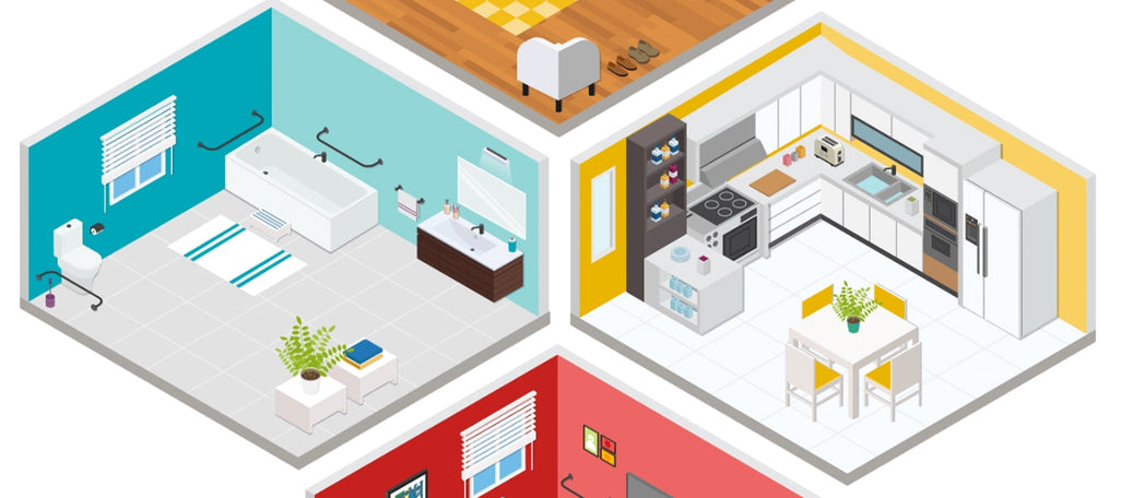 Image of a modern home interior with three rooms: blue bathroom, white kitchen with yellow accents, and red living room.