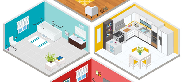 Image of a modern home interior with three rooms: blue bathroom, white kitchen with yellow accents, and red living room.