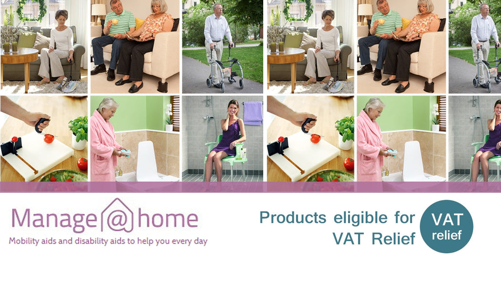 An image shows elderly people using walkers and bathroom aids. Text highlights Manage@home and mentions VAT relief for products.
