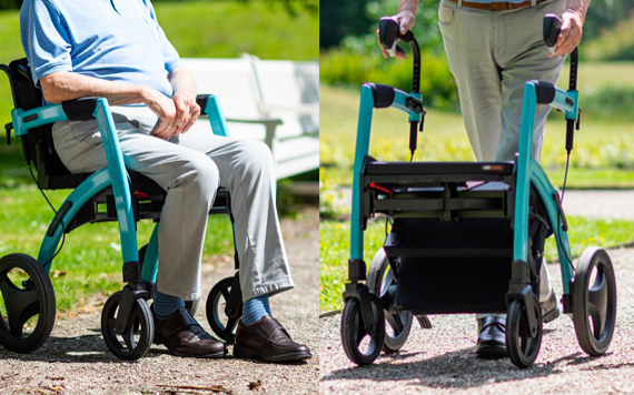 A person in a park using a turquoise mobility aid, sitting on it in one scene and walking with it on a gravel path in another.