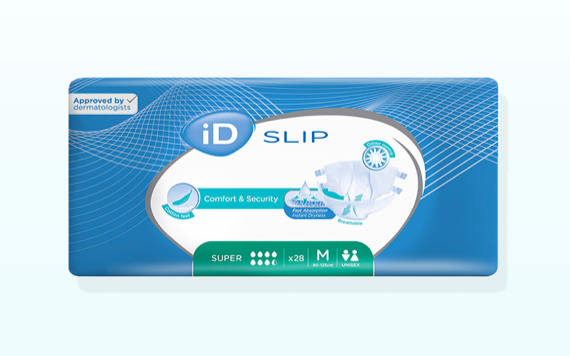 A package of adult absorbent briefs, blue and white, marked Super, medium size, 28 pieces. Labeled for comfort, security, fast absorption.