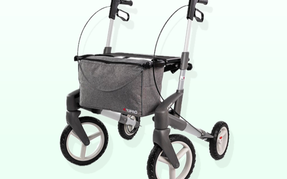 A gray walker with four wheels, comfortable grips, and a storage bag under the seat. It is lightweight with large black rubber wheels.