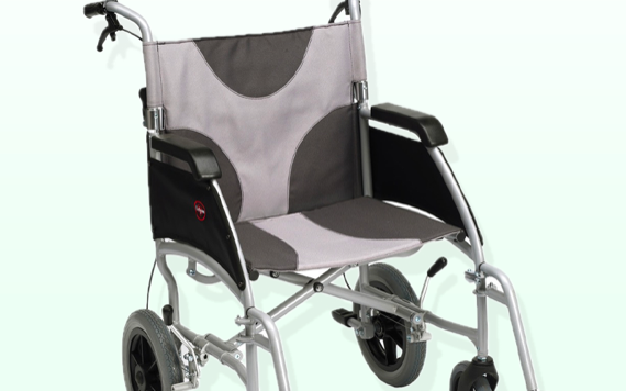 A lightweight manual wheelchair with a black and gray fabric seat, foldable footrests, large rear wheels, and smaller front wheels.