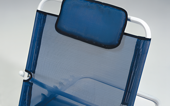 A blue mesh beach chair with a white frame and adjustable backrest is against a plain light gray background.
