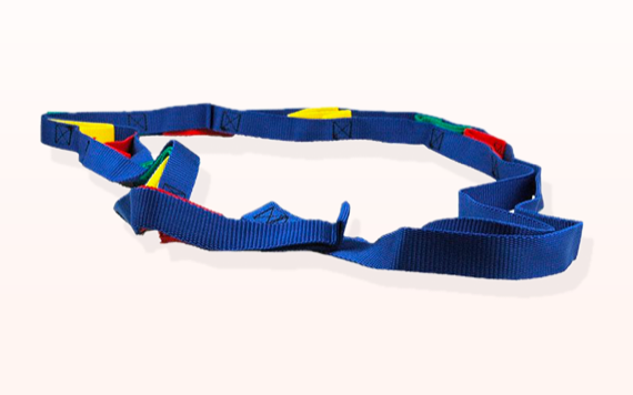 A colorful blue band with loops and multicolored triangular flags attached, laid out on a light background.