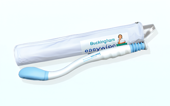 A blue and white tool with a textured handle, labeled easywipe, is next to a white carrying pouch labeled Buckingham.