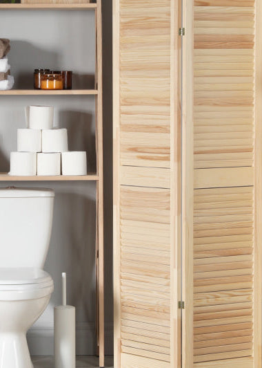 A bathroom shows a toilet next to shelves with towels and decor. A divider and potted plant add separation. A towel hangs on the divider. Image