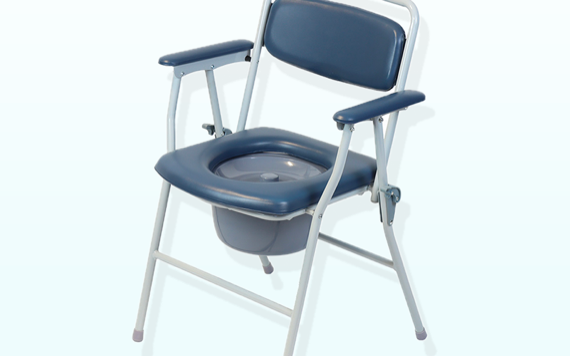 A blue and white commode chair with armrests, a padded seat, and a removable lid revealing a gray container under the sturdy metal frame.