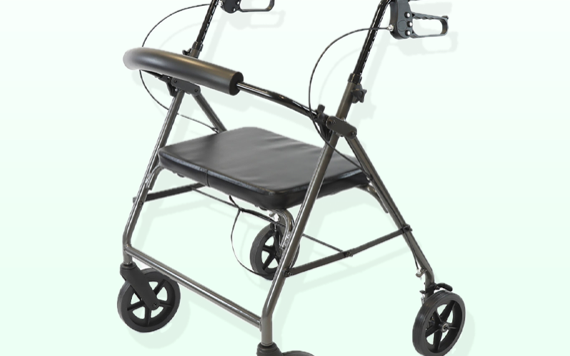 A silver foldable walker with four wheels and black handles. It features a cushioned seat and a backrest, designed for mobility support.