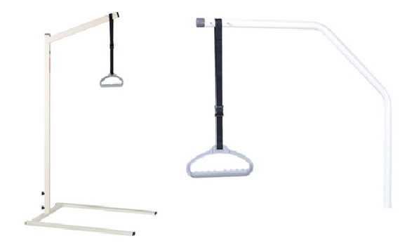 A white lifting pole with a gray handle and black strap is mounted on a white metal frame, set against a light background.