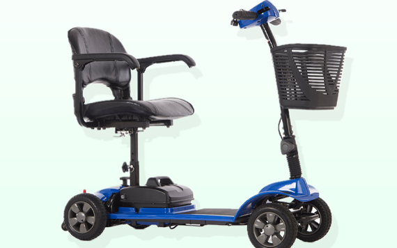 A blue mobility scooter with four wheels, padded black seat, armrests, control handlebar, and a front basket for easy movement.
