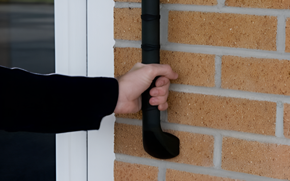 A hand in a dark sleeve holds a black flat tool against a brick wall next to a white door frame.