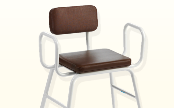 A white metal chair with armrests features a brown cushioned seat and backrest. The design is simple and functional, offering comfort and support.
