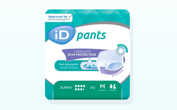 Packaging of unisex absorbent underwear with Complete Skin Protection. Teal and white background. Suitable for 80-120 cm waist, 12 pieces.