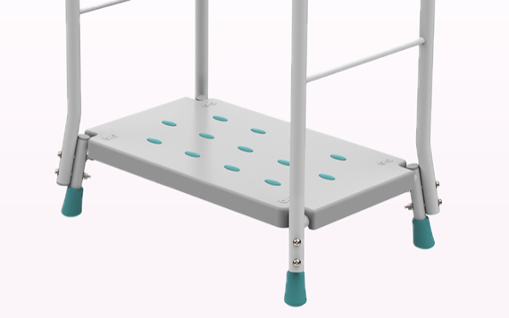 A close-up of a step stool with a perforated platform. It has four teal-tipped legs and a gray frame, featuring a simple design.