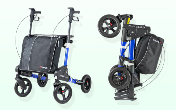 Two blue and black rollators; left is open with bag, four wheels; right is folded for easy carrying. Both have handles and brakes.