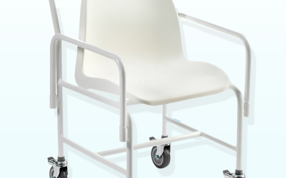 A white chair with armrests and casters on its legs, designed for mobility. The chair has a sturdy metal frame and a smooth, minimalist design.