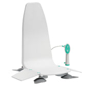 Mountway Neptune Bath Lift with tall backrest, flat seat, side flaps and wired remote control, compact design, angled front view.