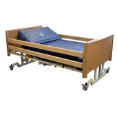 Sidhil Bradshaw Bariatric Low Bed with wooden frame, side rails, black mattress and wheels, front view.