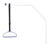 White metal trapeze bar with a black adjustable strap and grey handle for patient lifting, shown attached to Sidhil Bradshaw Lifting Pole, side view.