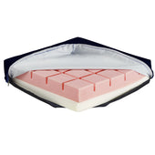Pink and white layered foam seat cushion with grid top and vapour-permeable zippered cover, angled view.