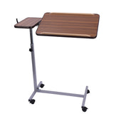 Drive Deluxe Overbed Table with tilting wooden top, side tray, metal frame and wheels, side angle view.