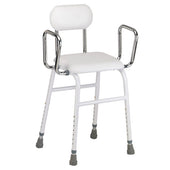 White adjustable perching stool with removable armrests, small backrest and non-slip leg tips, front angle view.