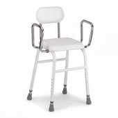 White adjustable perching stool with removable armrests, small backrest and non-slip leg tips, front angle view.