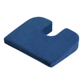 Blue U-shaped coccyx cushion with back cutout, designed for seating comfort, front view.