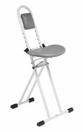 Drive folding perching stool in grey and white, padded seat and back, height adjustable for support, side angle.