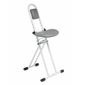 Drive folding perching stool in grey and white, padded seat and back, height adjustable for support, side angle.